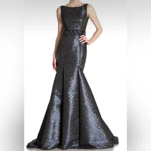 Theia Brocade Navy Blue and Silver Swirls Beaded Waistline Mermaid Style